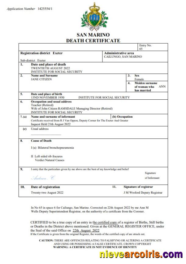 San Marino death certificate